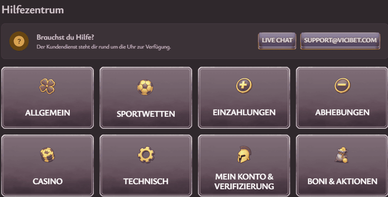Hilfezentrum von Vicibet Casino Deutschland mit Live-Chat und Support-Optionen rund um die Uhr